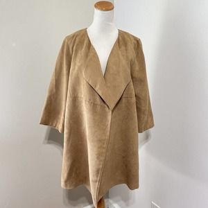 H&M Size 6 Faux Suede Jacket Draped Camel 3/4 Slv Overcoat Lined Workwear Womens